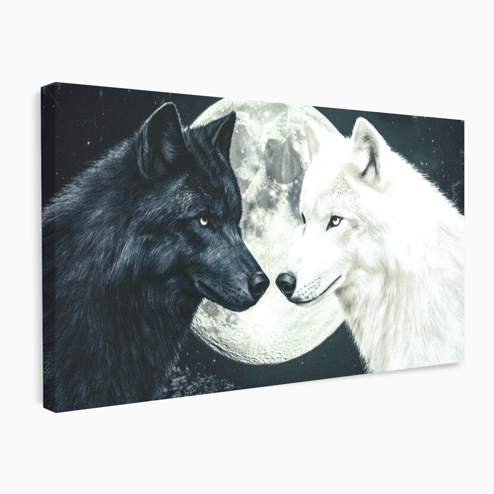 Tablou Canvas Premium, LuxCanva® M1476, Uniune sub Luna, Luna Plina, Stele, Noapte, Lupi, Pereche, Legatura, Impreuna, Destin, Contrast, Dualitate, Birou, Living, Camera Copil