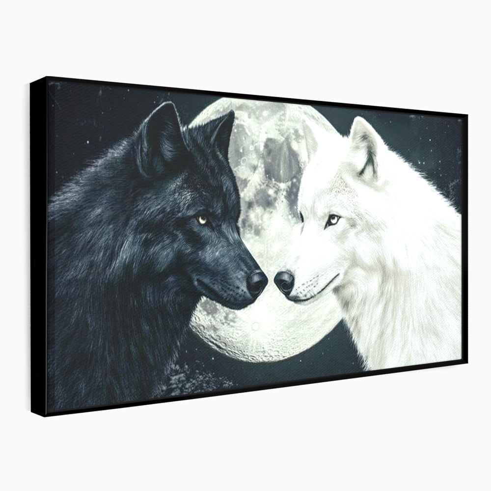 Tablou Canvas Premium, LuxCanva® M1476, Uniune sub Luna, Luna Plina, Stele, Noapte, Lupi, Pereche, Legatura, Impreuna, Destin, Contrast, Dualitate, Birou, Living, Camera Copil