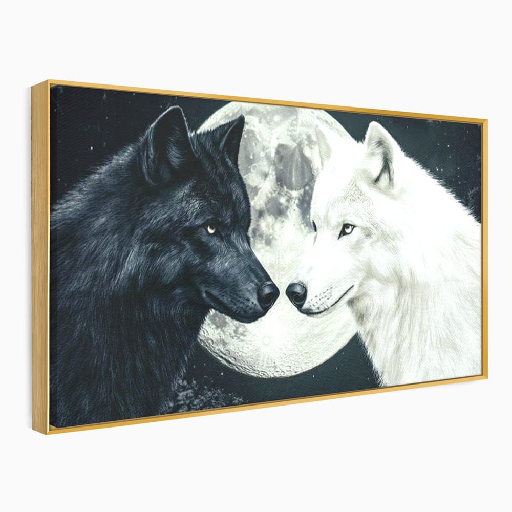 Tablou Canvas Premium, LuxCanva® M1476, Uniune sub Luna, Luna Plina, Stele, Noapte, Lupi, Pereche, Legatura, Impreuna, Destin, Contrast, Dualitate, Birou, Living, Camera Copil