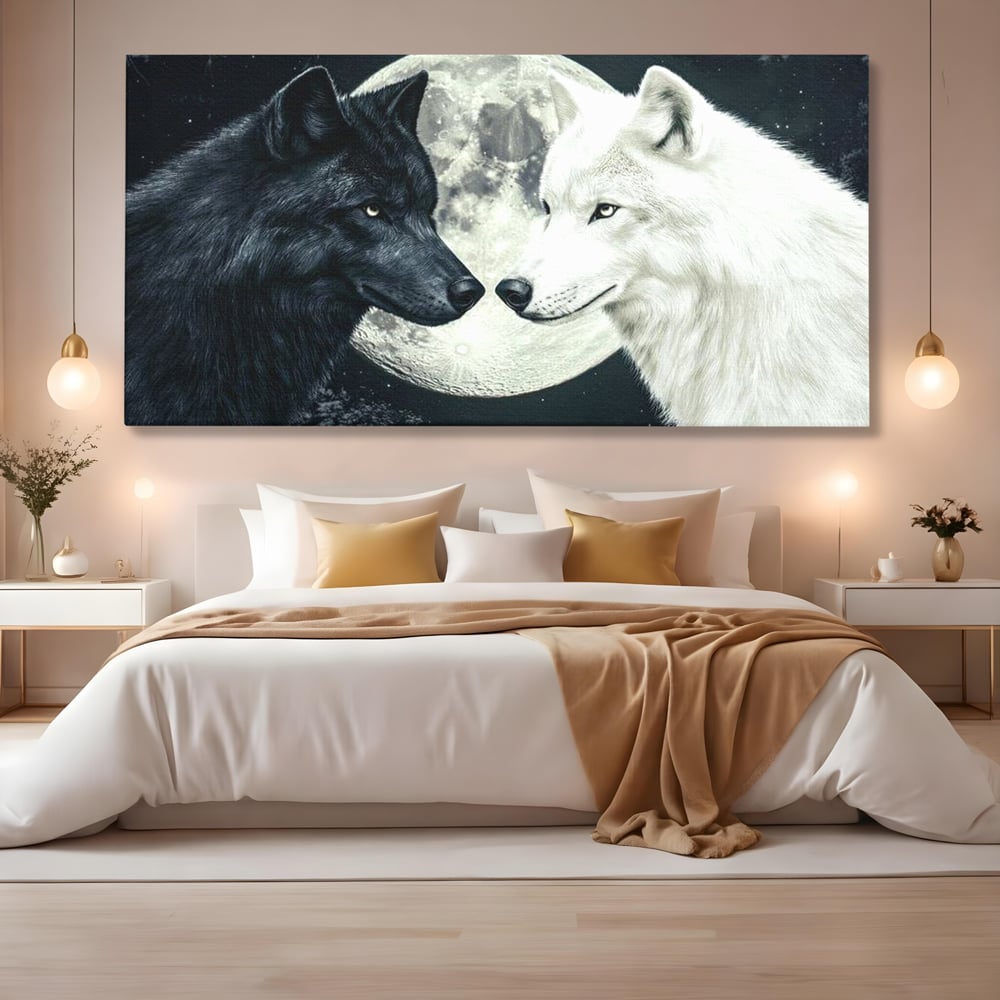 Tablou Canvas Premium, LuxCanva® M1476, Uniune sub Luna, Luna Plina, Stele, Noapte, Lupi, Pereche, Legatura, Impreuna, Destin, Contrast, Dualitate, Birou, Living, Camera Copil