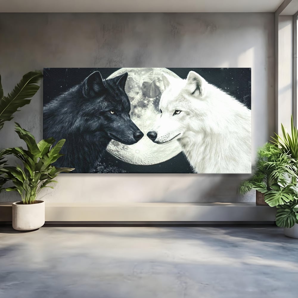 Tablou Canvas Premium, LuxCanva® M1476, Uniune sub Luna, Luna Plina, Stele, Noapte, Lupi, Pereche, Legatura, Impreuna, Destin, Contrast, Dualitate, Birou, Living, Camera Copil