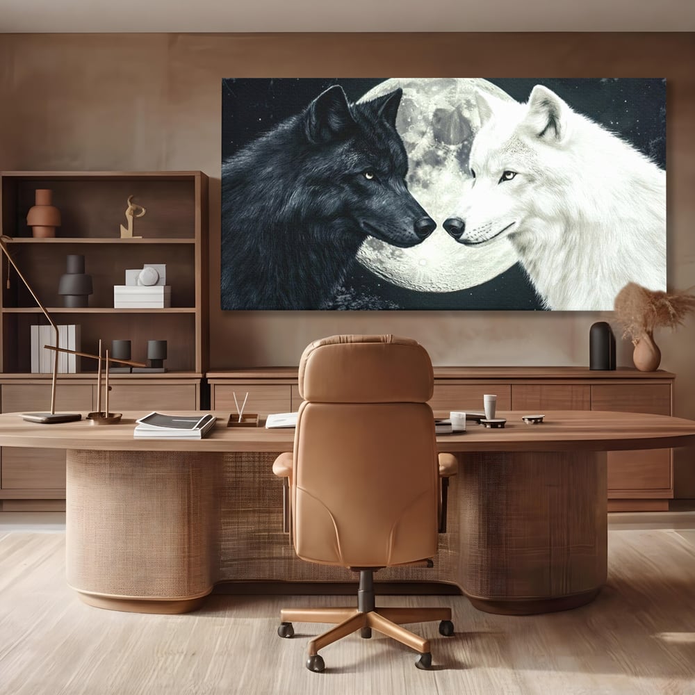 Tablou Canvas Premium, LuxCanva® M1476, Uniune sub Luna, Luna Plina, Stele, Noapte, Lupi, Pereche, Legatura, Impreuna, Destin, Contrast, Dualitate, Birou, Living, Camera Copil