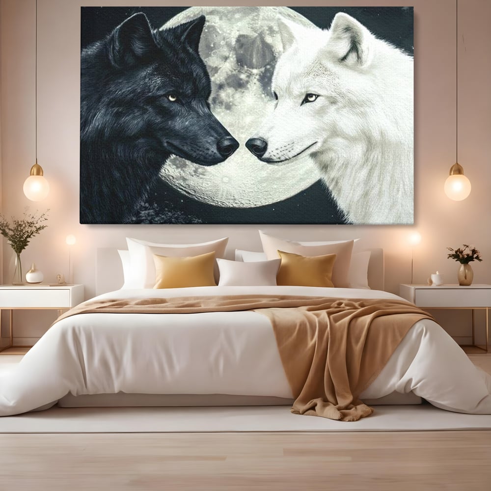 Tablou Canvas Premium, LuxCanva® M1476, Uniune sub Luna, Luna Plina, Stele, Noapte, Lupi, Pereche, Legatura, Impreuna, Destin, Contrast, Dualitate, Birou, Living, Camera Copil