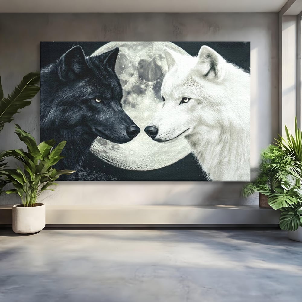 Tablou Canvas Premium, LuxCanva® M1476, Uniune sub Luna, Luna Plina, Stele, Noapte, Lupi, Pereche, Legatura, Impreuna, Destin, Contrast, Dualitate, Birou, Living, Camera Copil