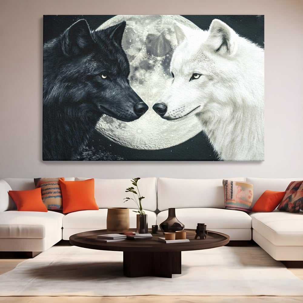 Tablou Canvas Premium, LuxCanva® M1476, Uniune sub Luna, Luna Plina, Stele, Noapte, Lupi, Pereche, Legatura, Impreuna, Destin, Contrast, Dualitate, Birou, Living, Camera Copil