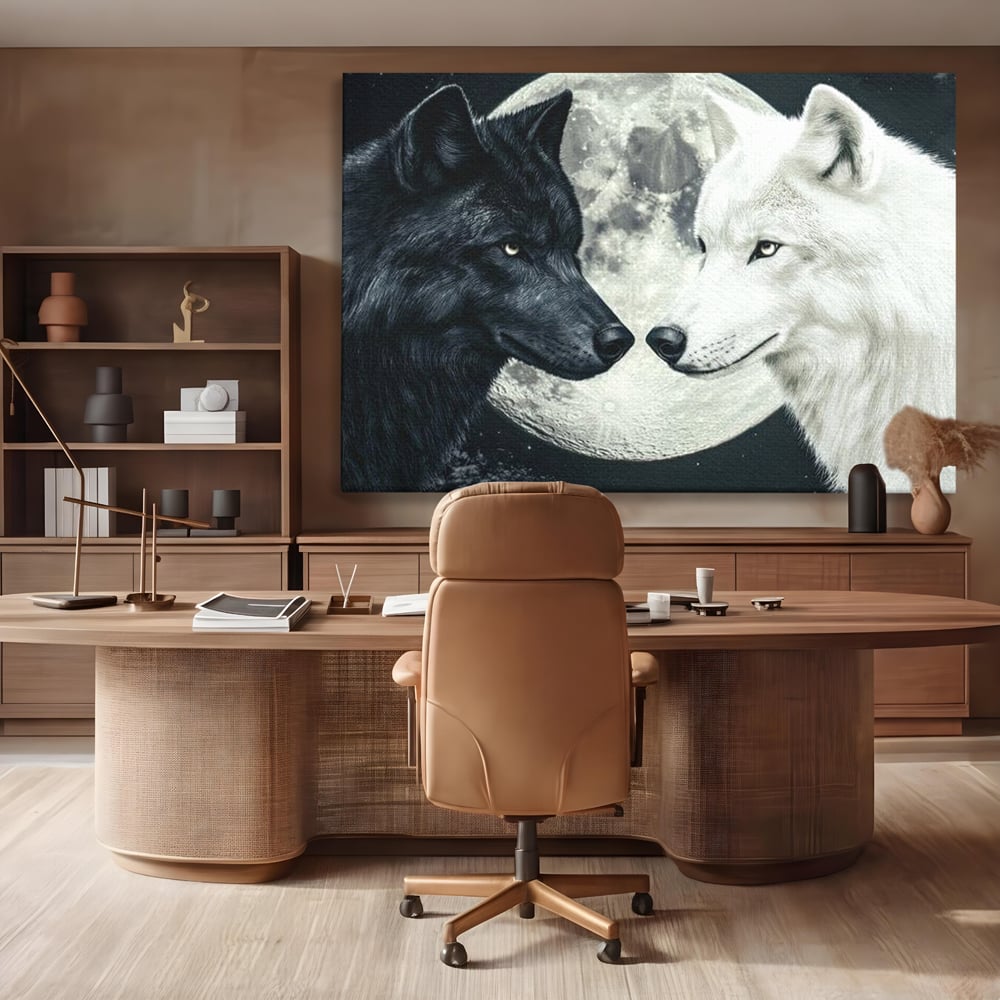 Tablou Canvas Premium, LuxCanva® M1476, Uniune sub Luna, Luna Plina, Stele, Noapte, Lupi, Pereche, Legatura, Impreuna, Destin, Contrast, Dualitate, Birou, Living, Camera Copil