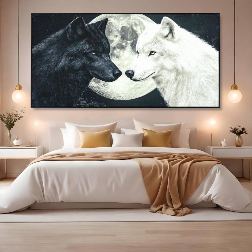 Tablou Canvas Premium, LuxCanva® M1476, Uniune sub Luna, Luna Plina, Stele, Noapte, Lupi, Pereche, Legatura, Impreuna, Destin, Contrast, Dualitate, Birou, Living, Camera Copil
