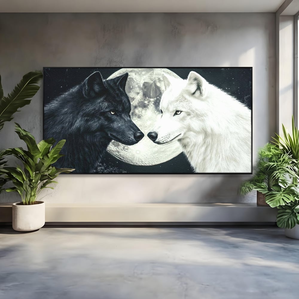 Tablou Canvas Premium, LuxCanva® M1476, Uniune sub Luna, Luna Plina, Stele, Noapte, Lupi, Pereche, Legatura, Impreuna, Destin, Contrast, Dualitate, Birou, Living, Camera Copil