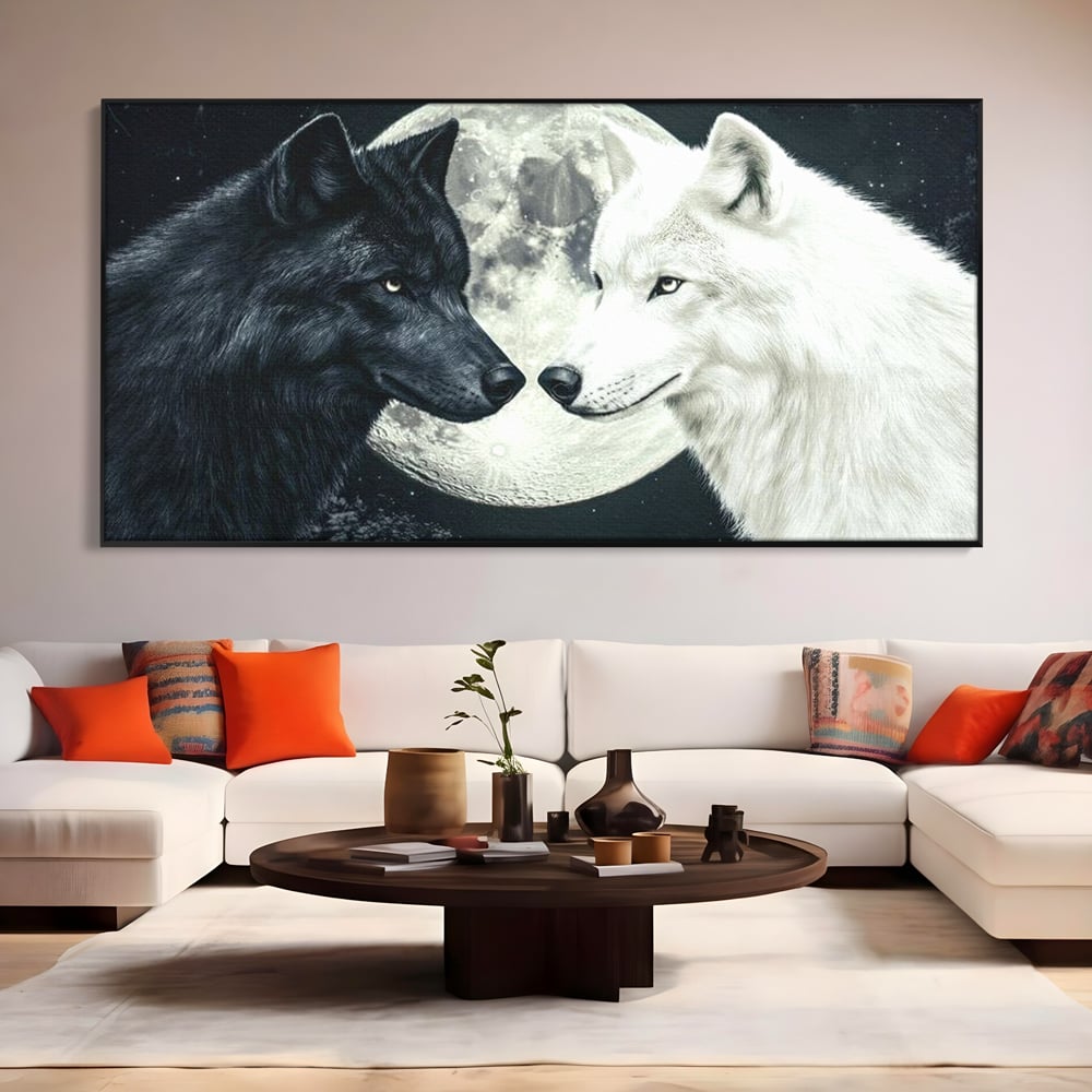 Tablou Canvas Premium, LuxCanva® M1476, Uniune sub Luna, Luna Plina, Stele, Noapte, Lupi, Pereche, Legatura, Impreuna, Destin, Contrast, Dualitate, Birou, Living, Camera Copil
