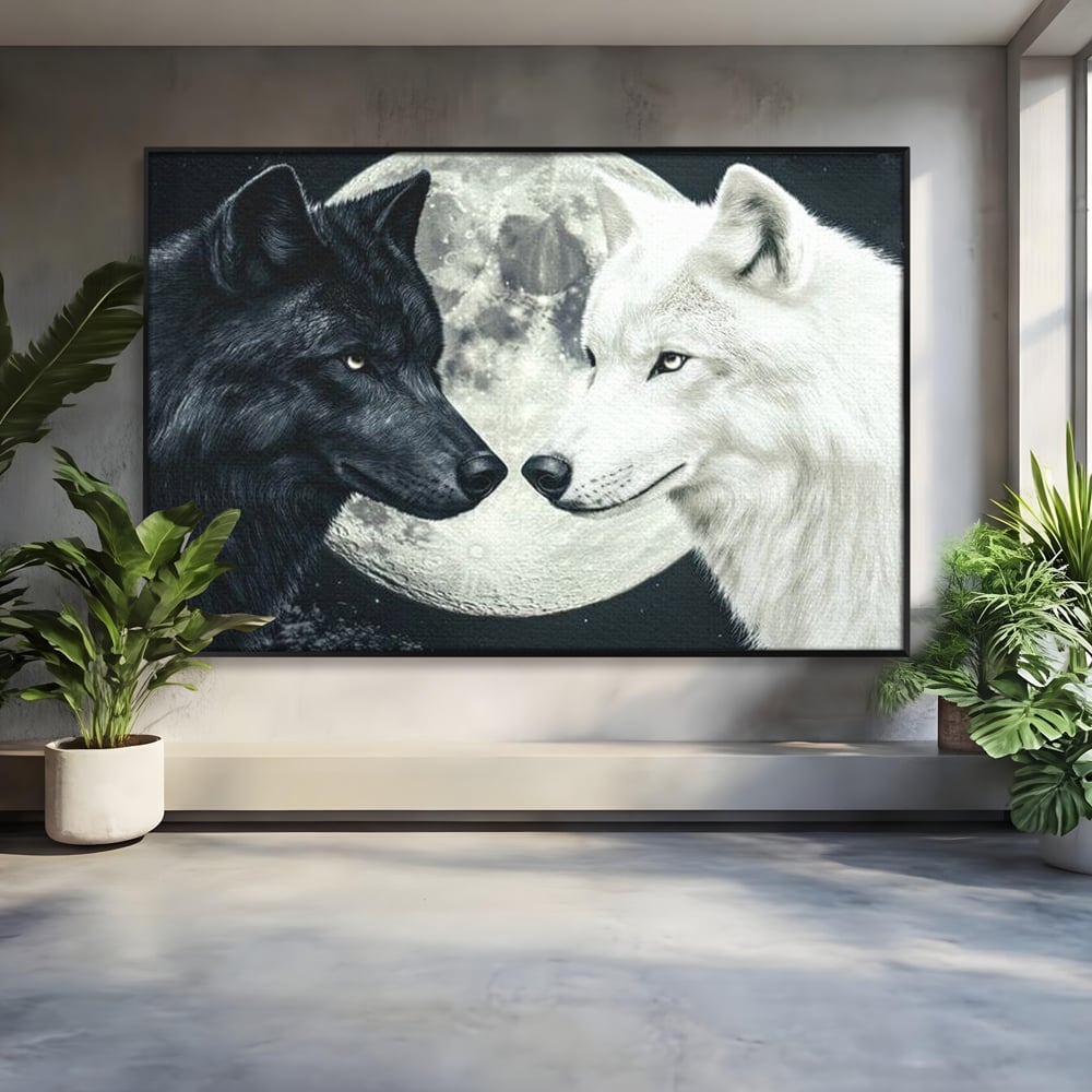 Tablou Canvas Premium, LuxCanva® M1476, Uniune sub Luna, Luna Plina, Stele, Noapte, Lupi, Pereche, Legatura, Impreuna, Destin, Contrast, Dualitate, Birou, Living, Camera Copil