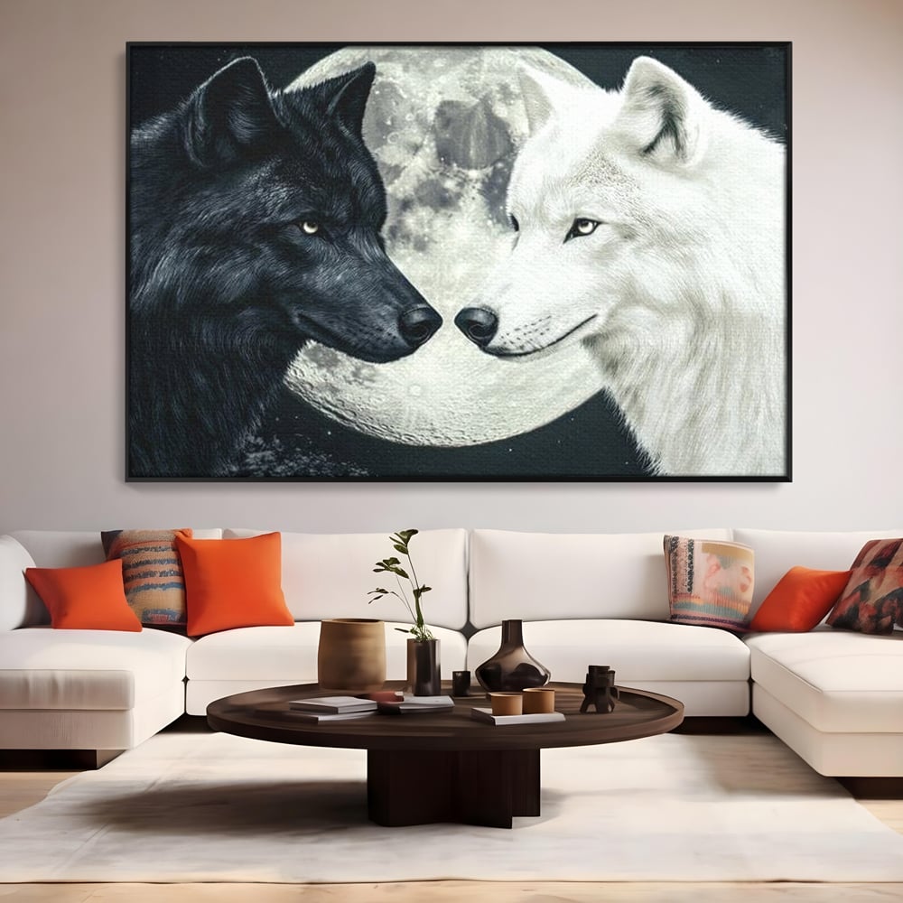 Tablou Canvas Premium, LuxCanva® M1476, Uniune sub Luna, Luna Plina, Stele, Noapte, Lupi, Pereche, Legatura, Impreuna, Destin, Contrast, Dualitate, Birou, Living, Camera Copil
