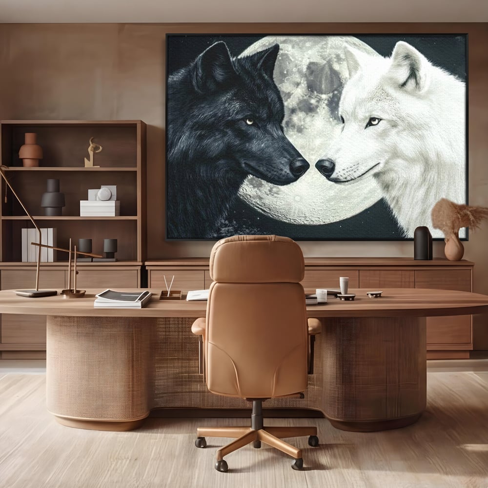 Tablou Canvas Premium, LuxCanva® M1476, Uniune sub Luna, Luna Plina, Stele, Noapte, Lupi, Pereche, Legatura, Impreuna, Destin, Contrast, Dualitate, Birou, Living, Camera Copil