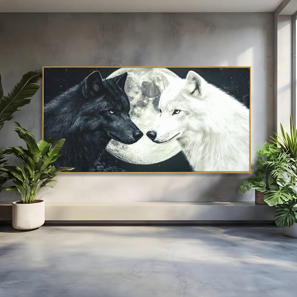 Tablou Canvas Premium, LuxCanva® M1476, Uniune sub Luna, Luna Plina, Stele, Noapte, Lupi, Pereche, Legatura, Impreuna, Destin, Contrast, Dualitate, Birou, Living, Camera Copil