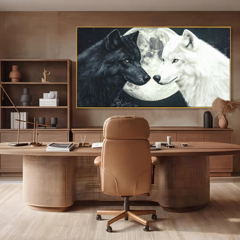 Tablou Canvas Premium, LuxCanva® M1476, Uniune sub Luna, Luna Plina, Stele, Noapte, Lupi, Pereche, Legatura, Impreuna, Destin, Contrast, Dualitate, Birou, Living, Camera Copil