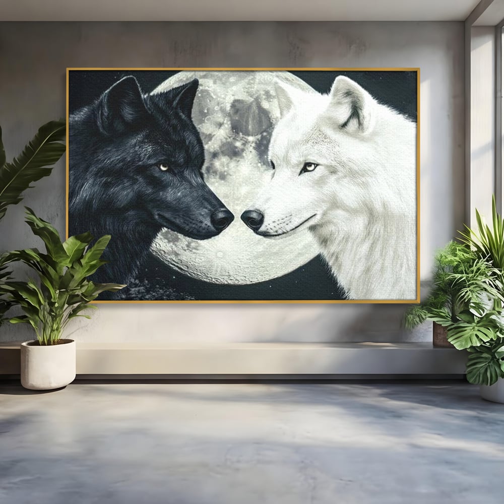 Tablou Canvas Premium, LuxCanva® M1476, Uniune sub Luna, Luna Plina, Stele, Noapte, Lupi, Pereche, Legatura, Impreuna, Destin, Contrast, Dualitate, Birou, Living, Camera Copil