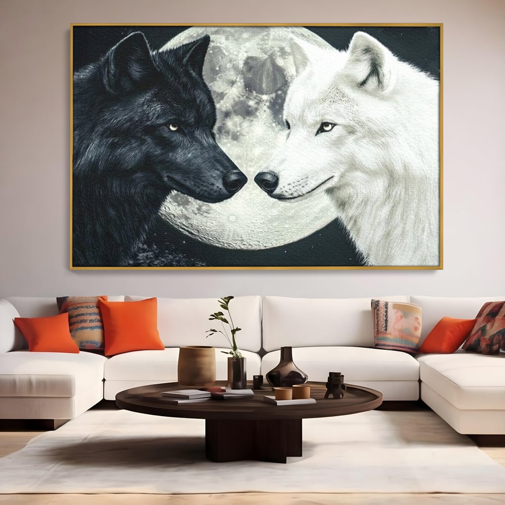 Tablou Canvas Premium, LuxCanva® M1476, Uniune sub Luna, Luna Plina, Stele, Noapte, Lupi, Pereche, Legatura, Impreuna, Destin, Contrast, Dualitate, Birou, Living, Camera Copil