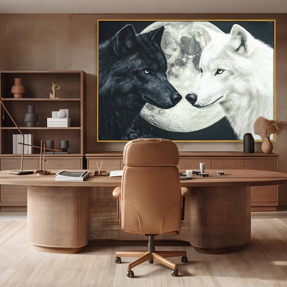 Tablou Canvas Premium, LuxCanva® M1476, Uniune sub Luna, Luna Plina, Stele, Noapte, Lupi, Pereche, Legatura, Impreuna, Destin, Contrast, Dualitate, Birou, Living, Camera Copil