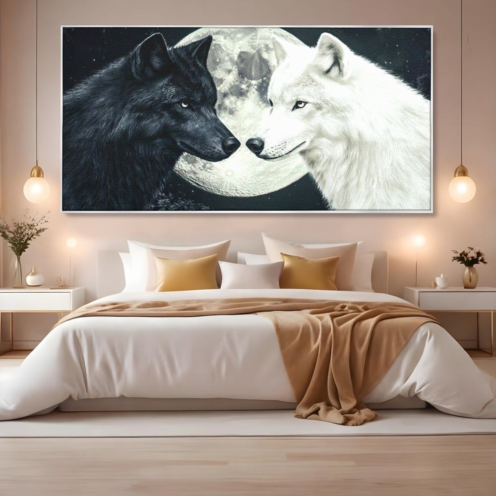 Tablou Canvas Premium, LuxCanva® M1476, Uniune sub Luna, Luna Plina, Stele, Noapte, Lupi, Pereche, Legatura, Impreuna, Destin, Contrast, Dualitate, Birou, Living, Camera Copil