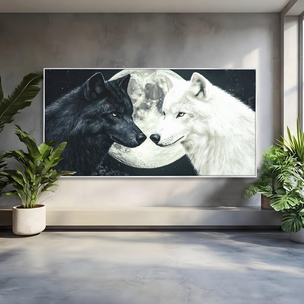 Tablou Canvas Premium, LuxCanva® M1476, Uniune sub Luna, Luna Plina, Stele, Noapte, Lupi, Pereche, Legatura, Impreuna, Destin, Contrast, Dualitate, Birou, Living, Camera Copil