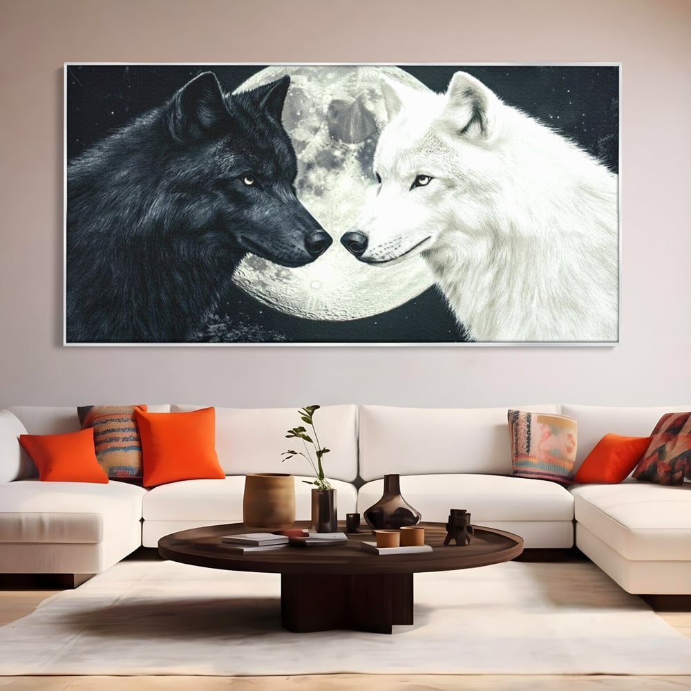 Tablou Canvas Premium, LuxCanva® M1476, Uniune sub Luna, Luna Plina, Stele, Noapte, Lupi, Pereche, Legatura, Impreuna, Destin, Contrast, Dualitate, Birou, Living, Camera Copil