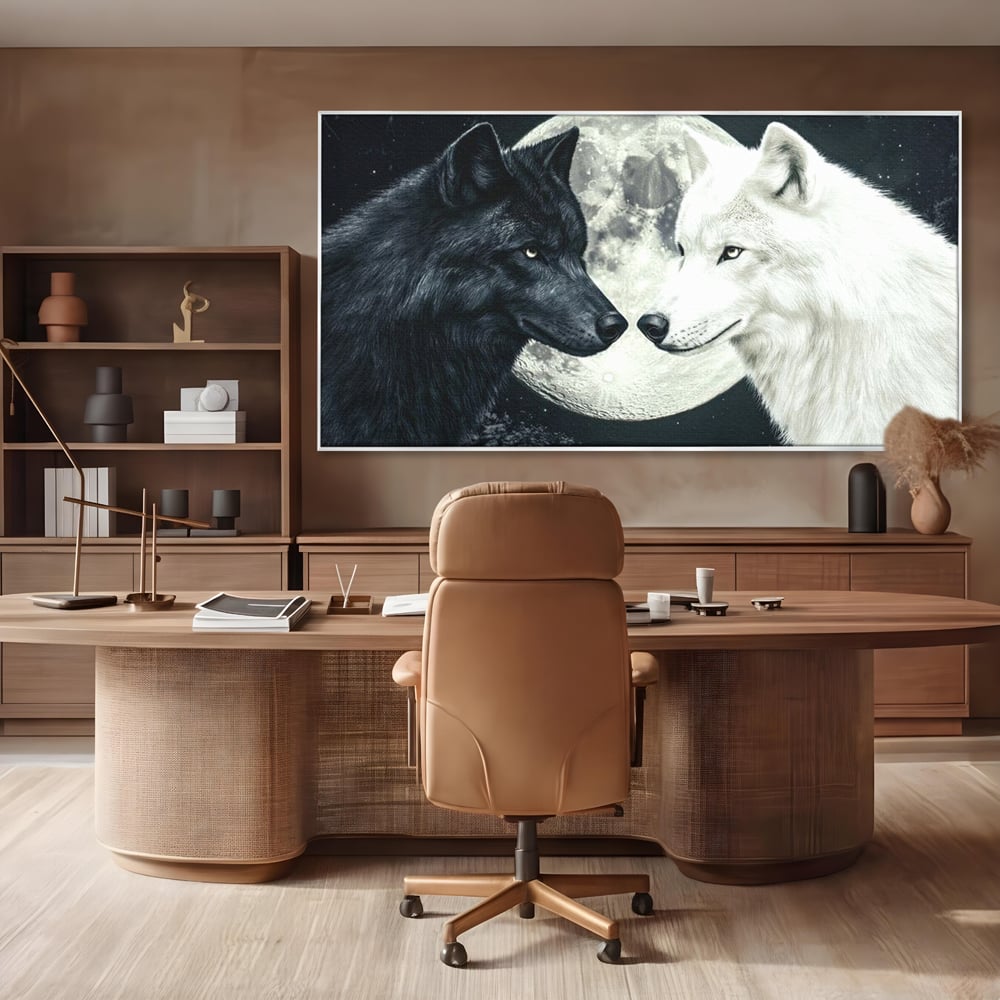 Tablou Canvas Premium, LuxCanva® M1476, Uniune sub Luna, Luna Plina, Stele, Noapte, Lupi, Pereche, Legatura, Impreuna, Destin, Contrast, Dualitate, Birou, Living, Camera Copil