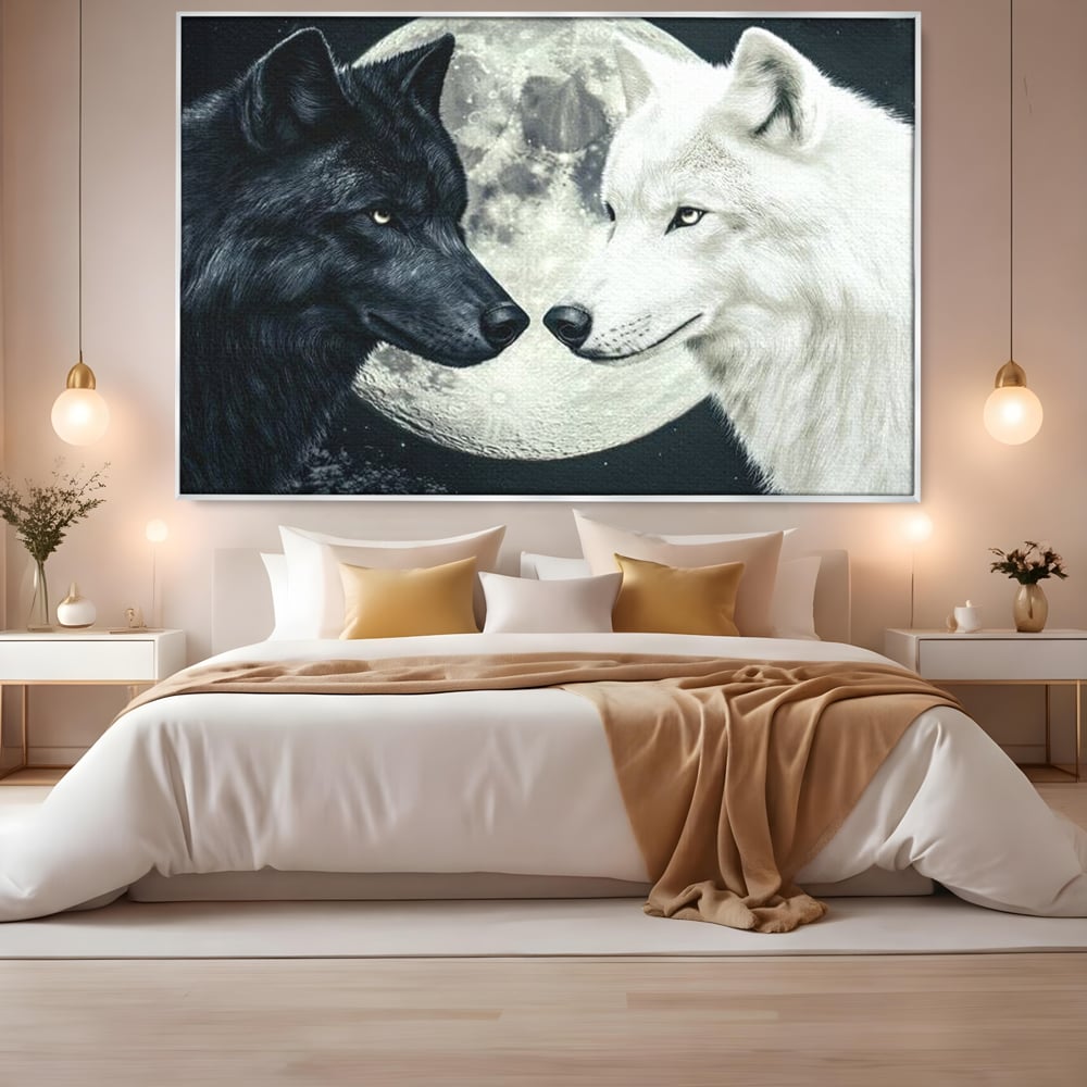 Tablou Canvas Premium, LuxCanva® M1476, Uniune sub Luna, Luna Plina, Stele, Noapte, Lupi, Pereche, Legatura, Impreuna, Destin, Contrast, Dualitate, Birou, Living, Camera Copil