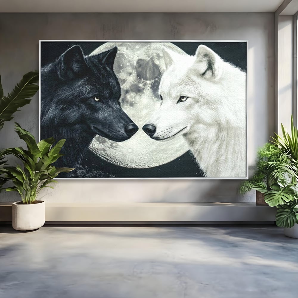 Tablou Canvas Premium, LuxCanva® M1476, Uniune sub Luna, Luna Plina, Stele, Noapte, Lupi, Pereche, Legatura, Impreuna, Destin, Contrast, Dualitate, Birou, Living, Camera Copil