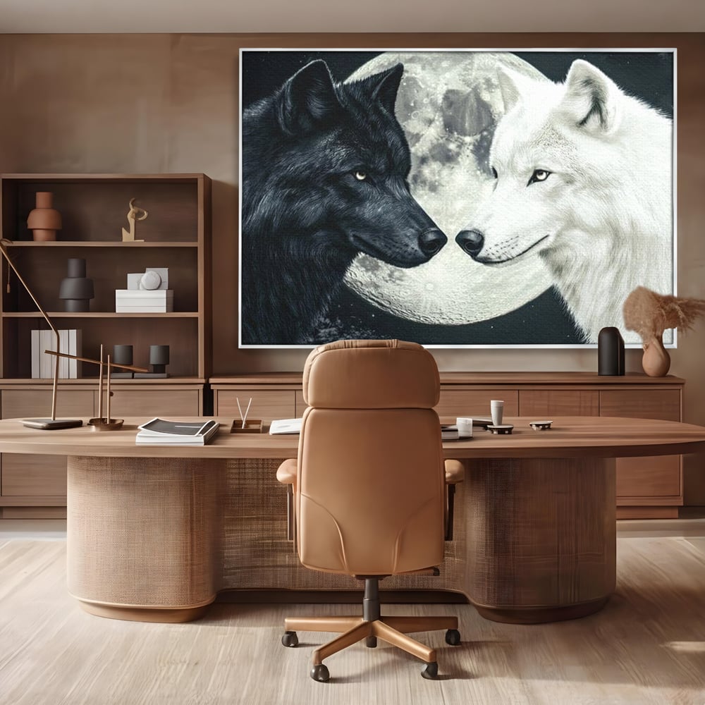 Tablou Canvas Premium, LuxCanva® M1476, Uniune sub Luna, Luna Plina, Stele, Noapte, Lupi, Pereche, Legatura, Impreuna, Destin, Contrast, Dualitate, Birou, Living, Camera Copil