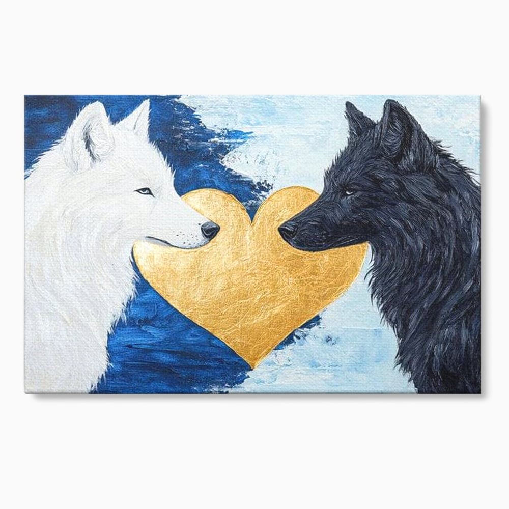 Tablou Canvas Premium, LuxCanva® M1477, O Inima de Aur, Lupi, Animale, Salbaticie, Arctic, Iubire, Uniune, Auriu, Pereche, Alb si Negru, Birou, Living, Camera Copil