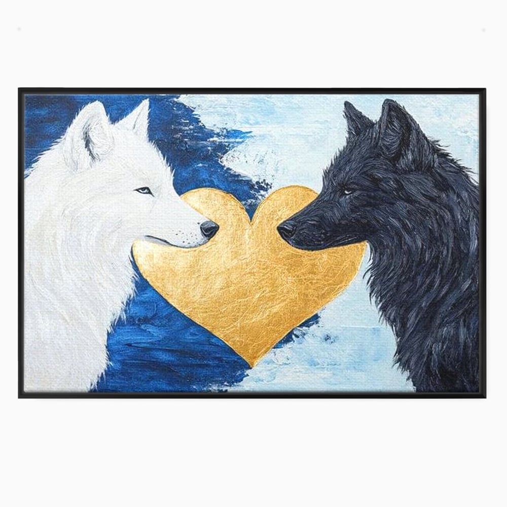 Tablou Canvas Premium, LuxCanva® M1477, O Inima de Aur, Lupi, Animale, Salbaticie, Arctic, Iubire, Uniune, Auriu, Pereche, Alb si Negru, Birou, Living, Camera Copil