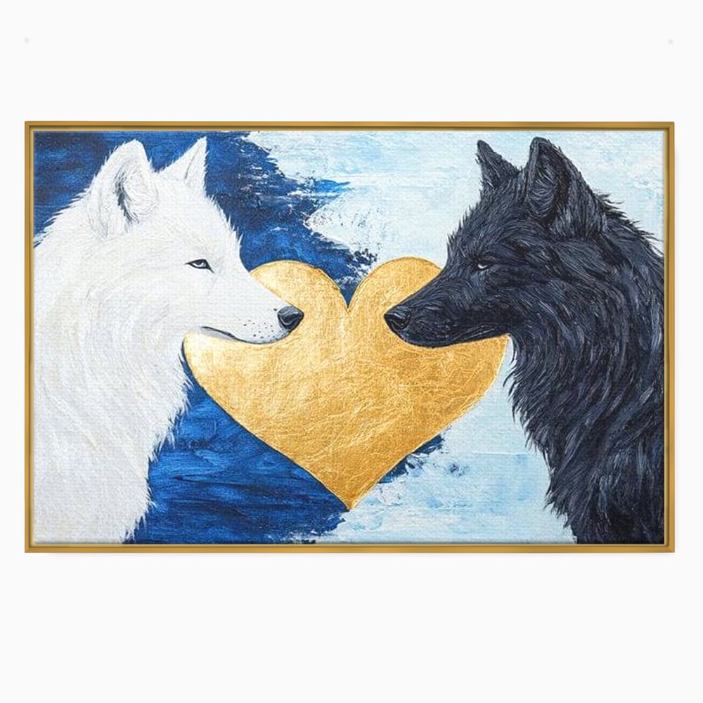 Tablou Canvas Premium, LuxCanva® M1477, O Inima de Aur, Lupi, Animale, Salbaticie, Arctic, Iubire, Uniune, Auriu, Pereche, Alb si Negru, Birou, Living, Camera Copil