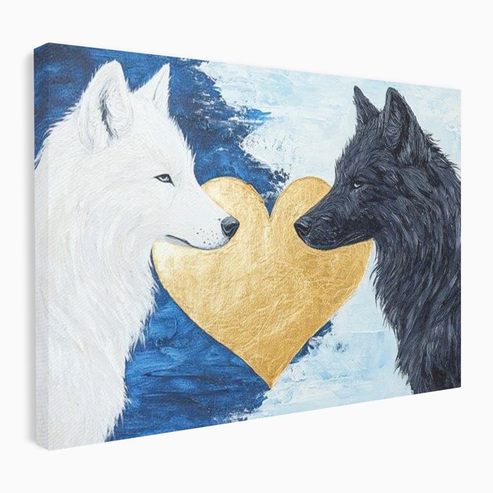 Tablou Canvas Premium, LuxCanva® M1477, O Inima de Aur, Lupi, Animale, Salbaticie, Arctic, Iubire, Uniune, Auriu, Pereche, Alb si Negru, Birou, Living, Camera Copil