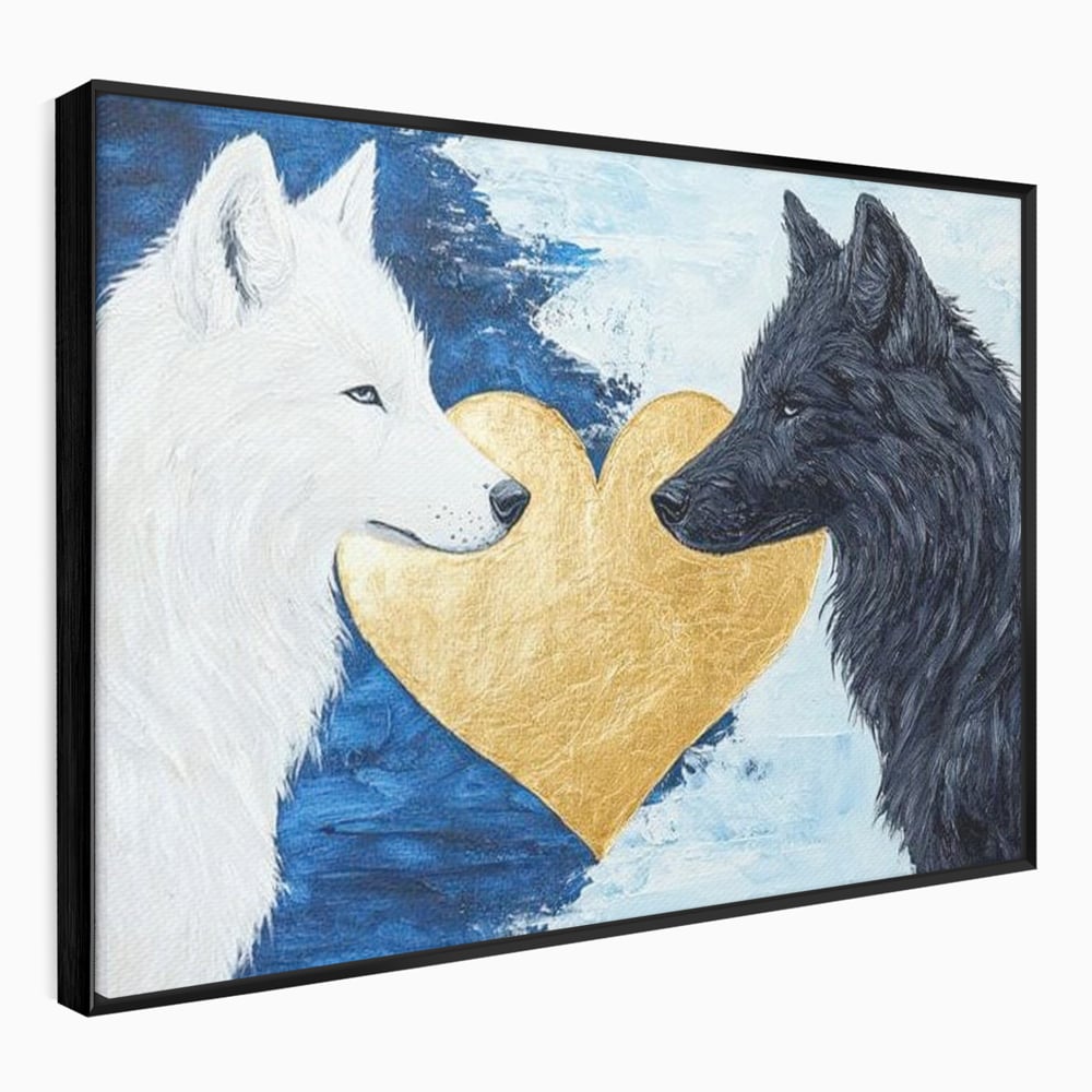 Tablou Canvas Premium, LuxCanva® M1477, O Inima de Aur, Lupi, Animale, Salbaticie, Arctic, Iubire, Uniune, Auriu, Pereche, Alb si Negru, Birou, Living, Camera Copil