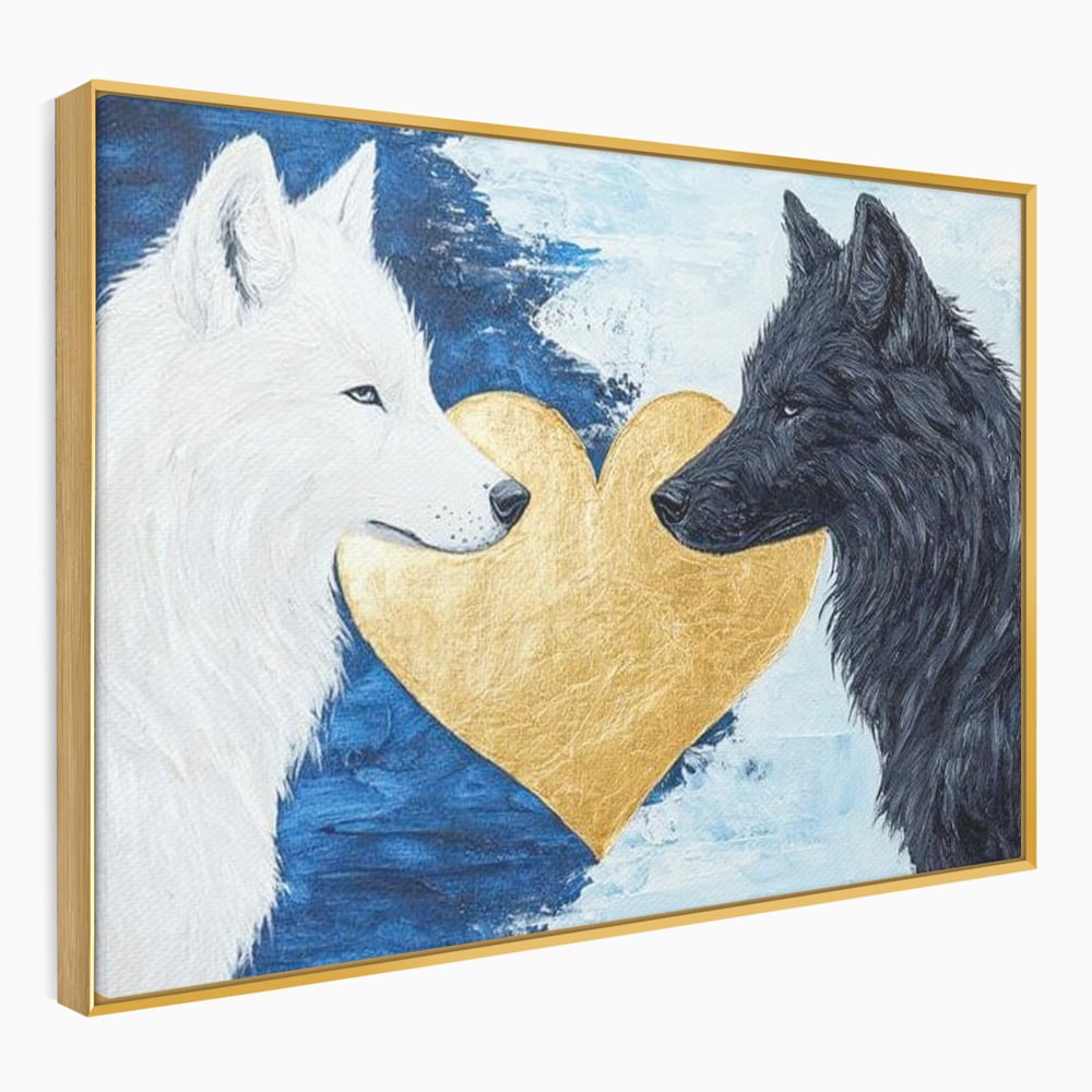 Tablou Canvas Premium, LuxCanva® M1477, O Inima de Aur, Lupi, Animale, Salbaticie, Arctic, Iubire, Uniune, Auriu, Pereche, Alb si Negru, Birou, Living, Camera Copil
