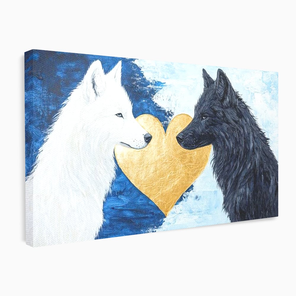 Tablou Canvas Premium, LuxCanva® M1477, O Inima de Aur, Lupi, Animale, Salbaticie, Arctic, Iubire, Uniune, Auriu, Pereche, Alb si Negru, Birou, Living, Camera Copil