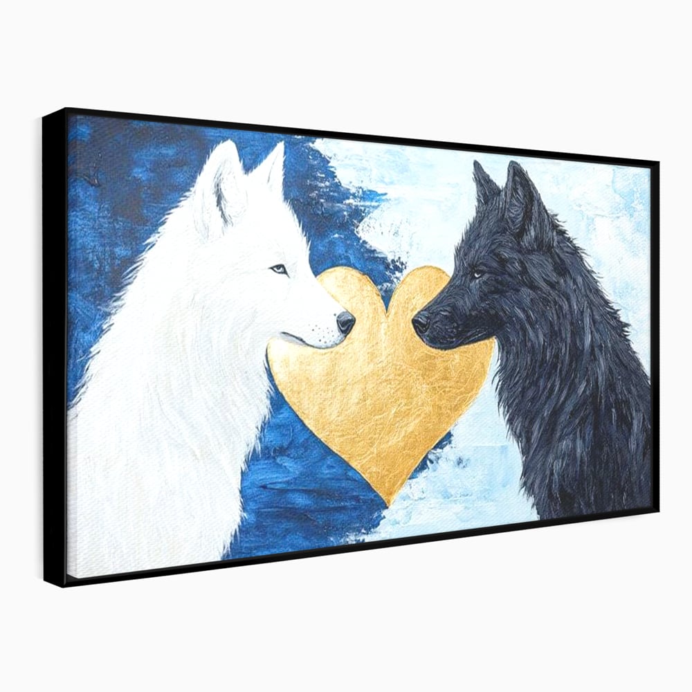 Tablou Canvas Premium, LuxCanva® M1477, O Inima de Aur, Lupi, Animale, Salbaticie, Arctic, Iubire, Uniune, Auriu, Pereche, Alb si Negru, Birou, Living, Camera Copil