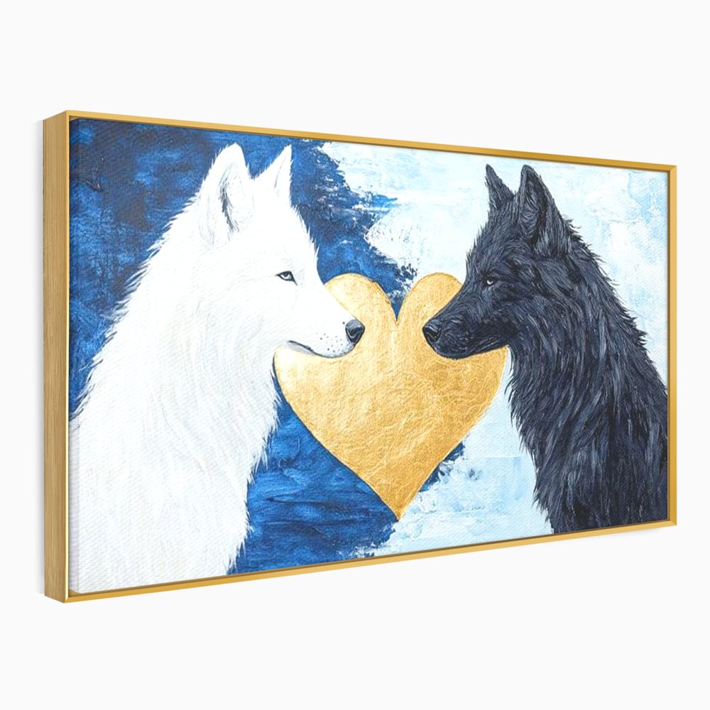 Tablou Canvas Premium, LuxCanva® M1477, O Inima de Aur, Lupi, Animale, Salbaticie, Arctic, Iubire, Uniune, Auriu, Pereche, Alb si Negru, Birou, Living, Camera Copil