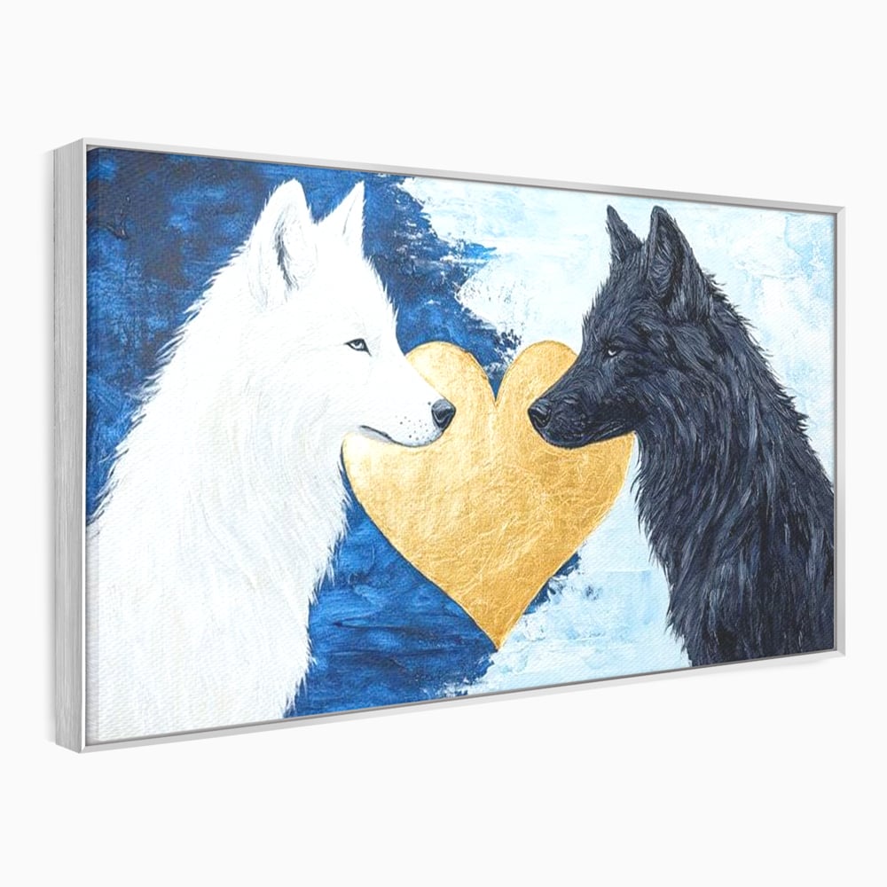 Tablou Canvas Premium, LuxCanva® M1477, O Inima de Aur, Lupi, Animale, Salbaticie, Arctic, Iubire, Uniune, Auriu, Pereche, Alb si Negru, Birou, Living, Camera Copil