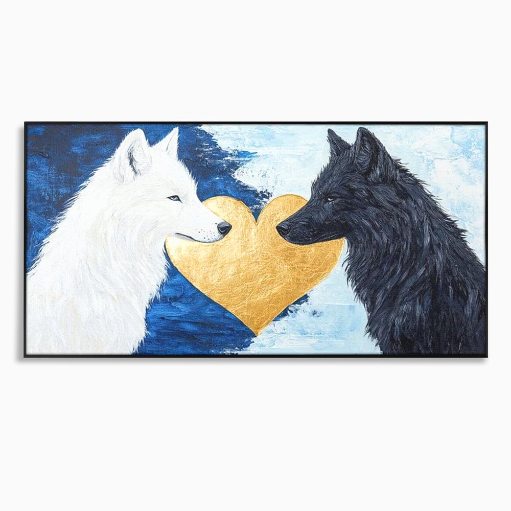 Tablou Canvas Premium, LuxCanva® M1477, O Inima de Aur, Lupi, Animale, Salbaticie, Arctic, Iubire, Uniune, Auriu, Pereche, Alb si Negru, Birou, Living, Camera Copil