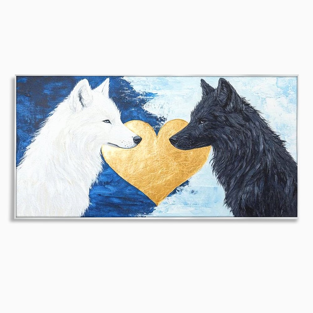 Tablou Canvas Premium, LuxCanva® M1477, O Inima de Aur, Lupi, Animale, Salbaticie, Arctic, Iubire, Uniune, Auriu, Pereche, Alb si Negru, Birou, Living, Camera Copil