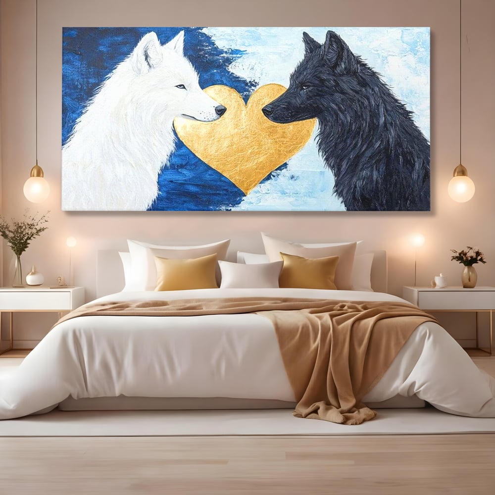 Tablou Canvas Premium, LuxCanva® M1477, O Inima de Aur, Lupi, Animale, Salbaticie, Arctic, Iubire, Uniune, Auriu, Pereche, Alb si Negru, Birou, Living, Camera Copil