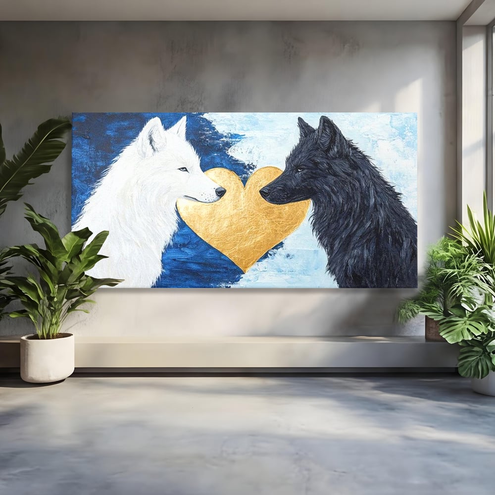 Tablou Canvas Premium, LuxCanva® M1477, O Inima de Aur, Lupi, Animale, Salbaticie, Arctic, Iubire, Uniune, Auriu, Pereche, Alb si Negru, Birou, Living, Camera Copil