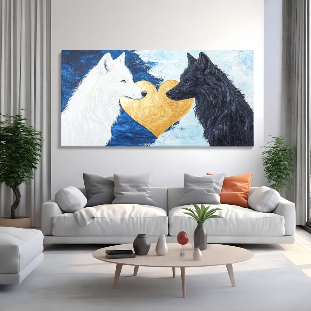 Tablou Canvas Premium, LuxCanva® M1477, O Inima de Aur, Lupi, Animale, Salbaticie, Arctic, Iubire, Uniune, Auriu, Pereche, Alb si Negru, Birou, Living, Camera Copil