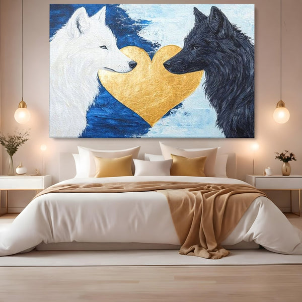 Tablou Canvas Premium, LuxCanva® M1477, O Inima de Aur, Lupi, Animale, Salbaticie, Arctic, Iubire, Uniune, Auriu, Pereche, Alb si Negru, Birou, Living, Camera Copil