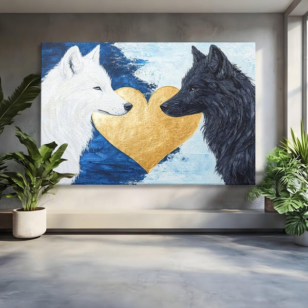 Tablou Canvas Premium, LuxCanva® M1477, O Inima de Aur, Lupi, Animale, Salbaticie, Arctic, Iubire, Uniune, Auriu, Pereche, Alb si Negru, Birou, Living, Camera Copil