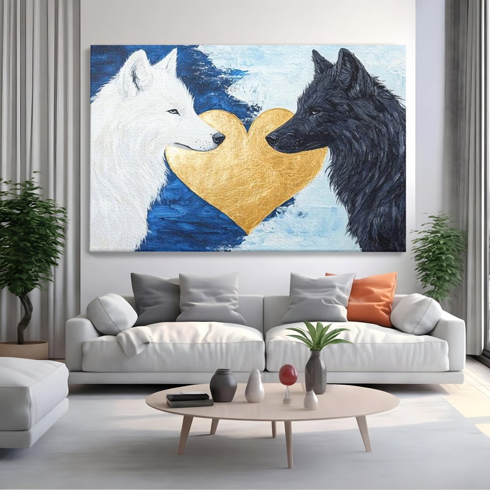Tablou Canvas Premium, LuxCanva® M1477, O Inima de Aur, Lupi, Animale, Salbaticie, Arctic, Iubire, Uniune, Auriu, Pereche, Alb si Negru, Birou, Living, Camera Copil