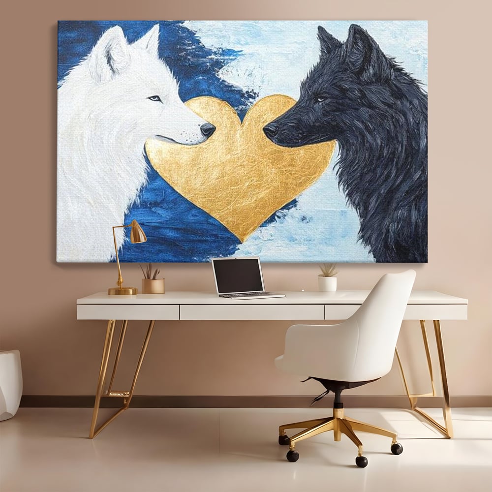 Tablou Canvas Premium, LuxCanva® M1477, O Inima de Aur, Lupi, Animale, Salbaticie, Arctic, Iubire, Uniune, Auriu, Pereche, Alb si Negru, Birou, Living, Camera Copil