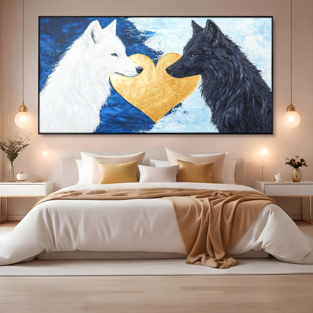 Tablou Canvas Premium, LuxCanva® M1477, O Inima de Aur, Lupi, Animale, Salbaticie, Arctic, Iubire, Uniune, Auriu, Pereche, Alb si Negru, Birou, Living, Camera Copil