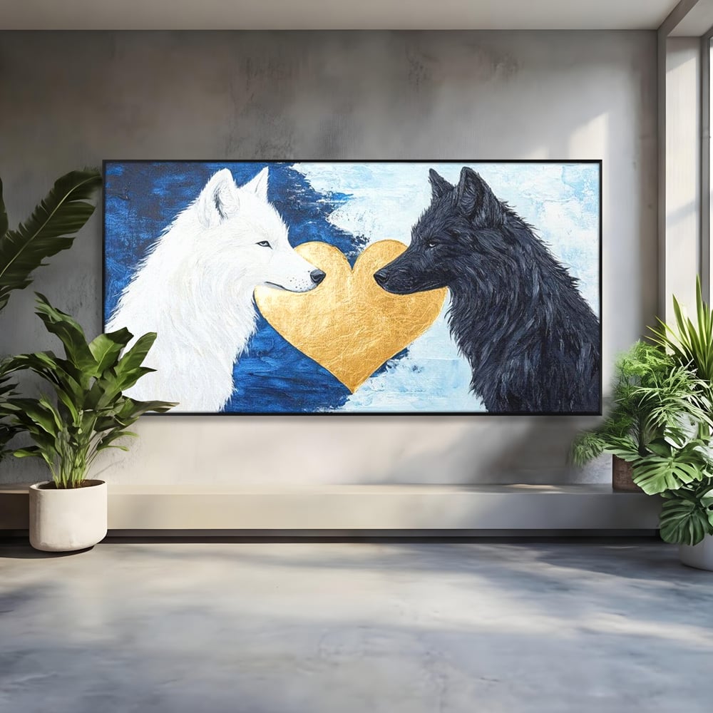Tablou Canvas Premium, LuxCanva® M1477, O Inima de Aur, Lupi, Animale, Salbaticie, Arctic, Iubire, Uniune, Auriu, Pereche, Alb si Negru, Birou, Living, Camera Copil