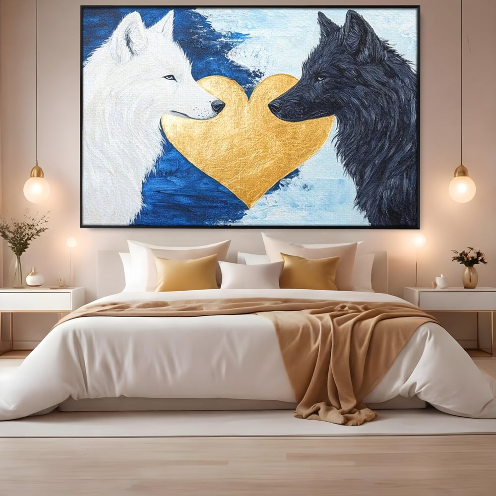 Tablou Canvas Premium, LuxCanva® M1477, O Inima de Aur, Lupi, Animale, Salbaticie, Arctic, Iubire, Uniune, Auriu, Pereche, Alb si Negru, Birou, Living, Camera Copil